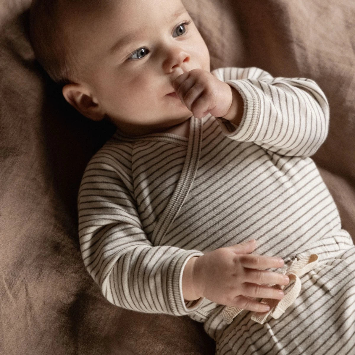 Long Sleeve Kimono Bodysuit Mushroom Pinstripe