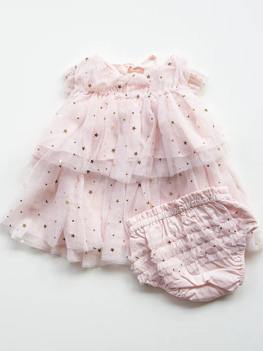 with matching ruffled bloomers for the sizes 18 months and younger