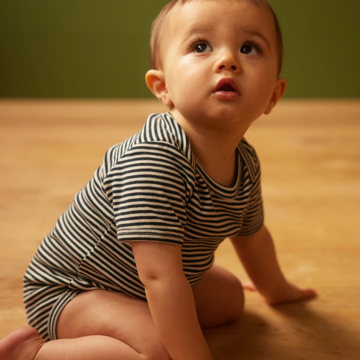 Cotton Short Sleeve Bodysuit Navy Stripe