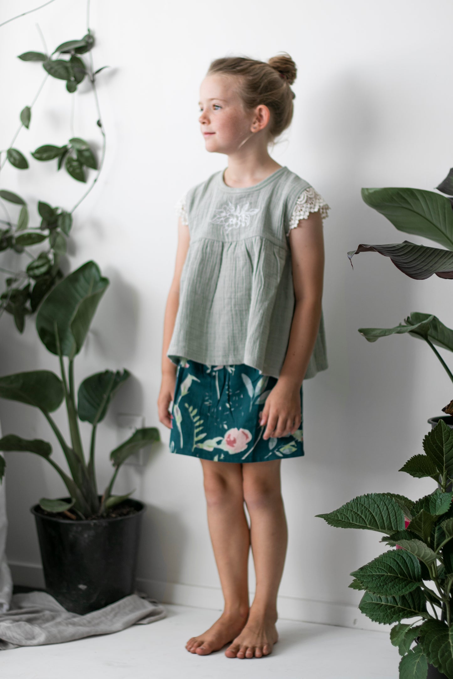 Milly Blouse - Sage with Lace Sleeves