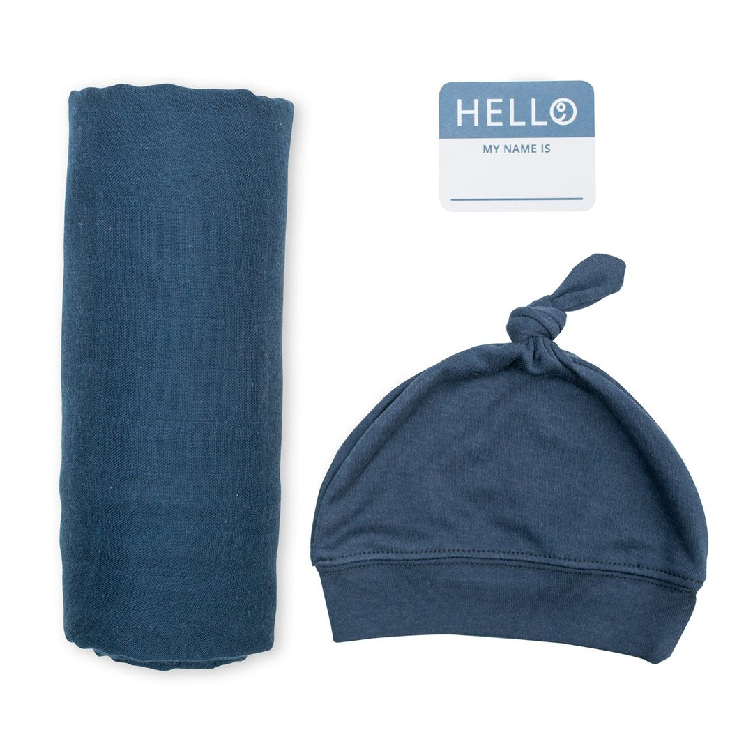 Hello World Bamboo Swaddling Blanket & Matching Hat - Navy