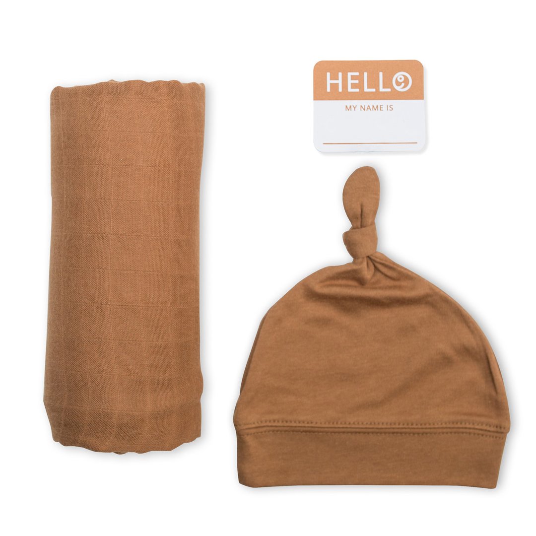 Hello World Bamboo Swaddling Blanket & Matching Hat - Tan