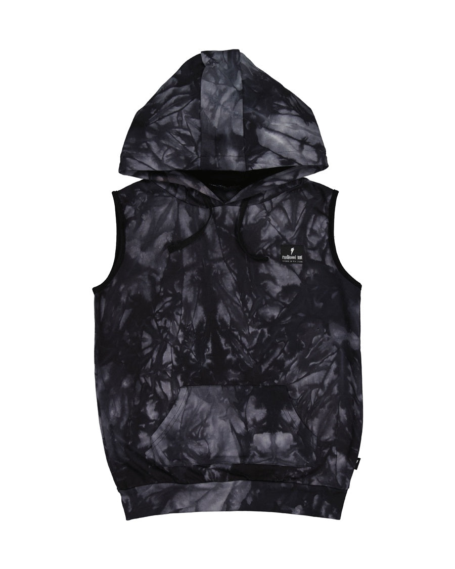 Cotton / spandex terry sleeveless hood in black tie-dye. Radicool Dude badge on chest & bolt print in white on reverse shoulder. A great piece for layering on cooler days or throw on as is.  Fit is true to size.