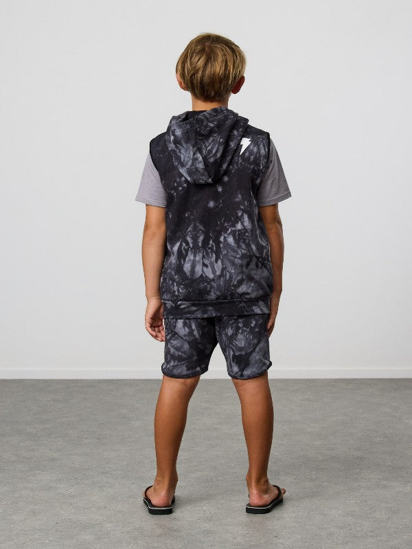 Cotton / spandex terry sleeveless hood in black tie-dye. Radicool Dude badge on chest & bolt print in white on reverse shoulder. A great piece for layering on cooler days or throw on as is.  Fit is true to size.