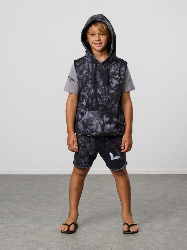 Cotton / spandex terry sleeveless hood in black tie-dye. Radicool Dude badge on chest & bolt print in white on reverse shoulder. A great piece for layering on cooler days or throw on as is.  Fit is true to size.